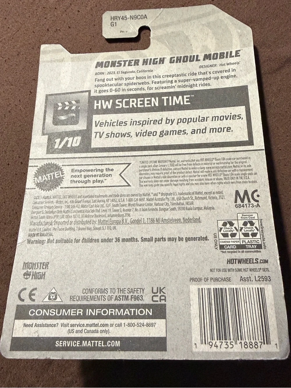 Hot Wheels Monster High Ghoul Mobile 2024 HW Screen Time 1/10 3/250 New Sealed
